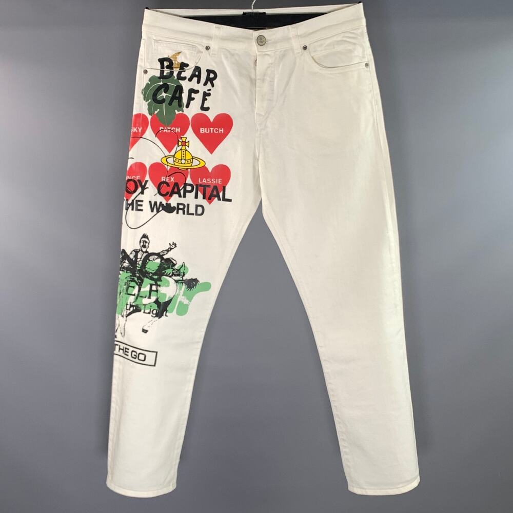 VIVIENNE WESTWOOD Size 32 White Multi Color Graffiti Cotton Casual Pants
